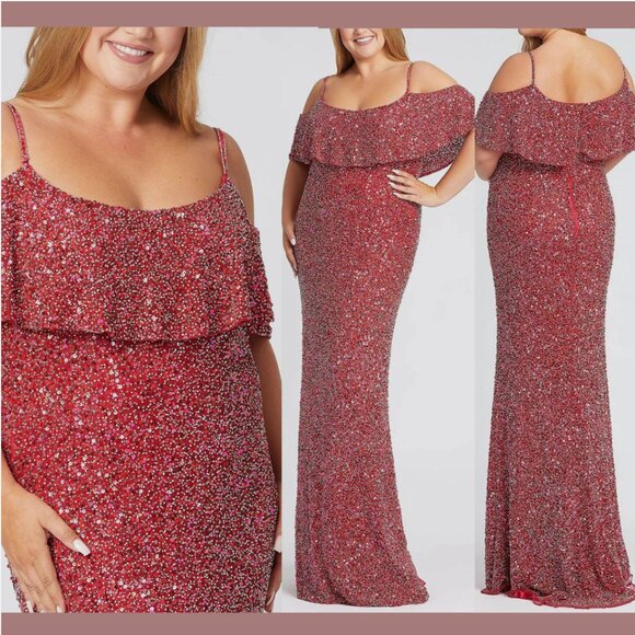NWT Mac Duggal [ PLUS 14W ] Cold Shoulder Sequin Sheath Gown in Cherry Red #Q764 - Picture 1 of 15